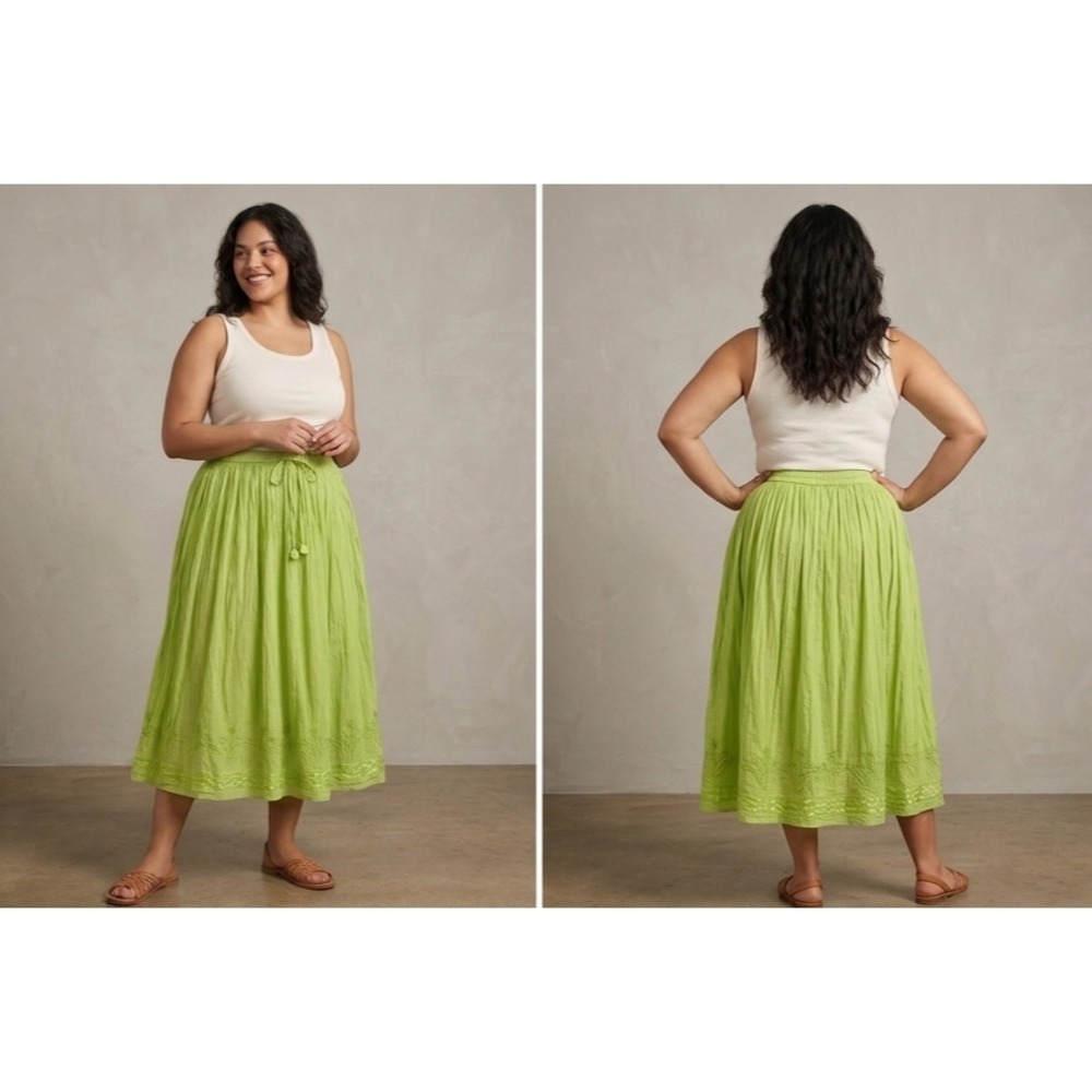 Millenium Flared Skirt Womens 18 Lime Green Drawstring Waist Embroidered Hem